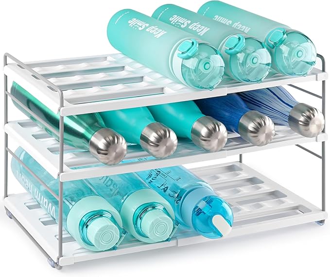 Cirhy Adjustable Water Bottle Organizer Holder for Cabinet, 3-Tier Expandable Water Bottle Storage Rack for Tumblers, Travel Mugs, and Cups – Kitchen Pantry Organization and Storage for Stanley Cups