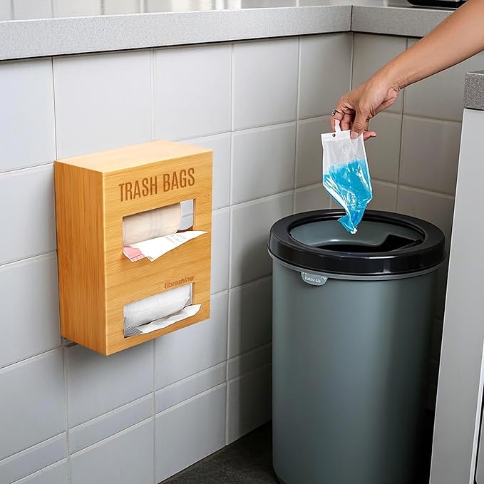 Dual Roll Bamboo Trash Bag Dispenser & Grocery Bag Holder, 2-Compartment Organizer for 13–33 Gallon Rolls (Fits Up to 5.2”Dia), Wall Mount or Under Sink, Stackable Storage