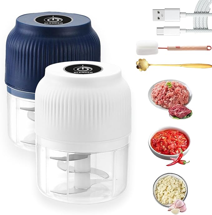 Electric Garlic Chopper, Mini Portable Veggie Chopper, Electric Onion Grinder with 6 Sharp Blade, Mini Food Processor with Container for Mashing Onion, Garlic, Chili, Ginger (2PCS*Mixs)