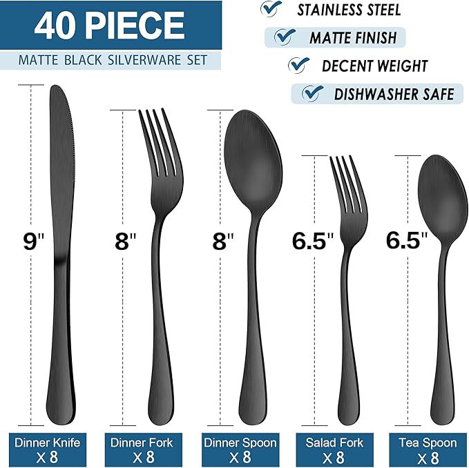 LIANYU 40 Piece Matte Black Silverware Set, Stainless Steel Black Flatware Cutlery Set for 8, Fancy Kitchen Utensil Tableware for Home Restaurant Party, Satin Finish, Dishwasher Safe