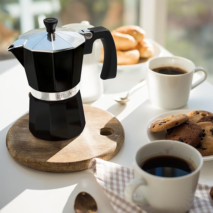 Zulay Moka Pot Espresso Stovetop Coffee Maker - Leak-Proof, Stainless Steel, Easy to Clean, Heat Resistant Handle & Knob - for Authentic Cuban & Italian Style Espresso - Makes 12 Espresso Cups - Black