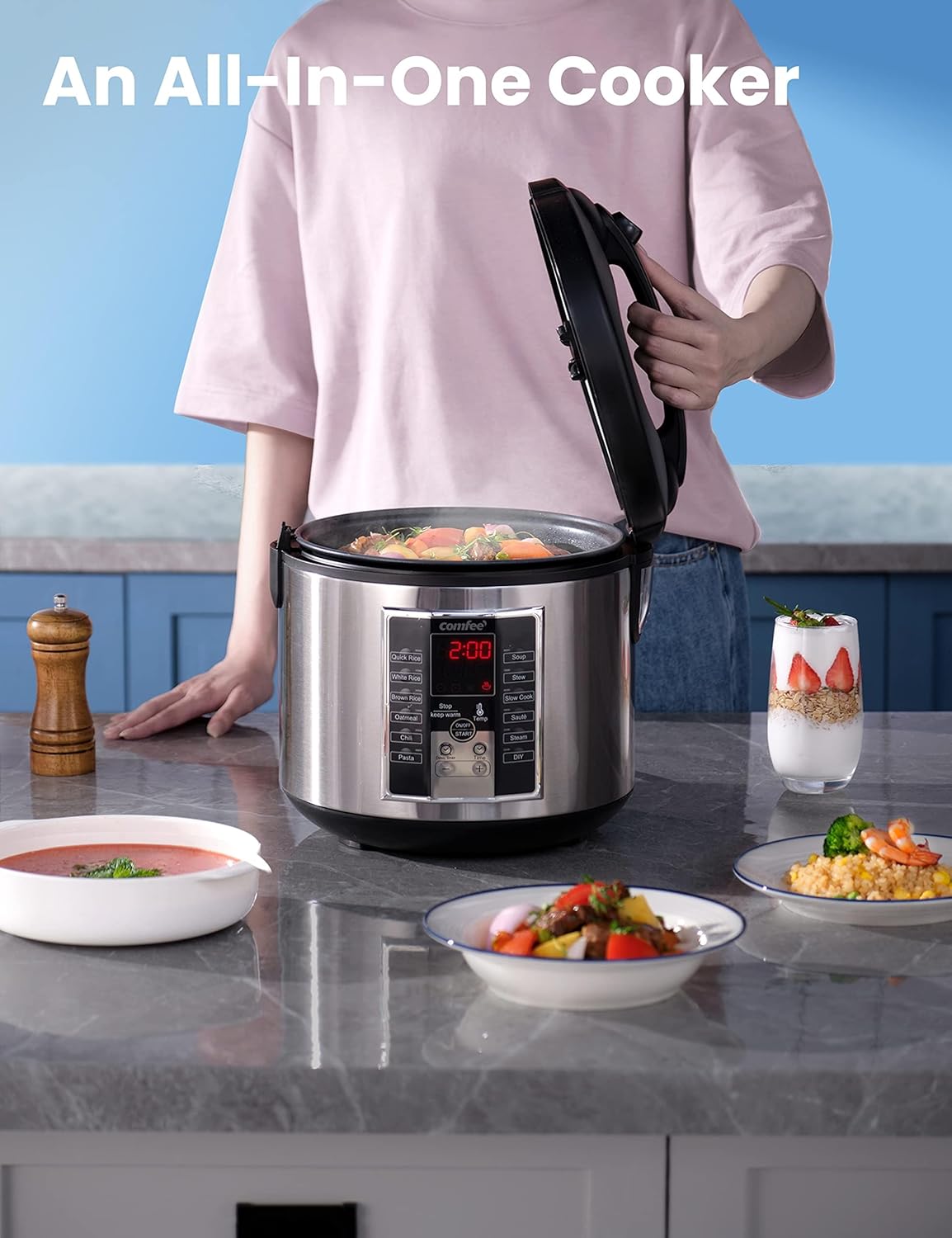 COMFEE' Rice Cooker, Slow Cooker, Steamer, Stewpot, Sauté All in One (12 Digital Cooking Programs) Multi Cooker (5.2Qt ) Large Capacity. 24 Hours Preset & Instant Keep Warm, Black/Silver (MB-M25)