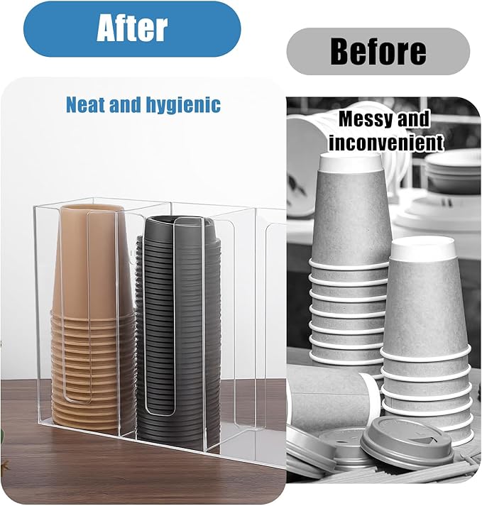 1 Pc 4 Compartments Acrylic Coffee Cup and Lid Storage Organizer Holder Disposable Paper Cup Dispenser Organizer Plastic Lid Holder Accessories for Kitchen Bar Shop Party Supplies, Transparent