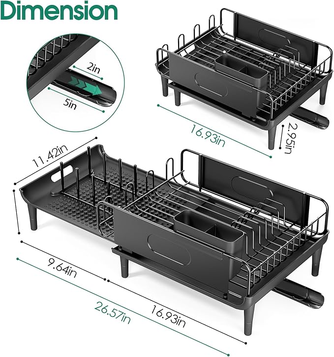 Large Extendable Dish Drying Rack, 16.93" to 26.57" Expandable Dish Rack for Kithen Counter, with Multifunctional Drainboard, Fits Any Sink, Heavy-Duty Steel Plate Drainer for Countertop Organization