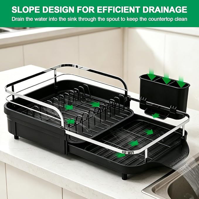 Dish Drying Rack for Kitchen Counter, Expandable Dish Drainer with Drainboard Set and Removable Utensil Holder, Space-Saving Countertop Organizer