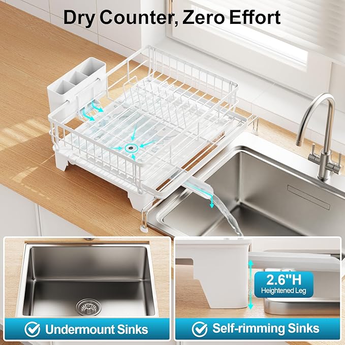 GSlife Expandable Dish Drying Rack for Kitchen Counter, Large Capacity 2-in-1 Rust Resistant Dish Drainer with Swivel Spout and Pull Out Over Sink Extension, 16.7" W x 12.6"-22.4" L, White