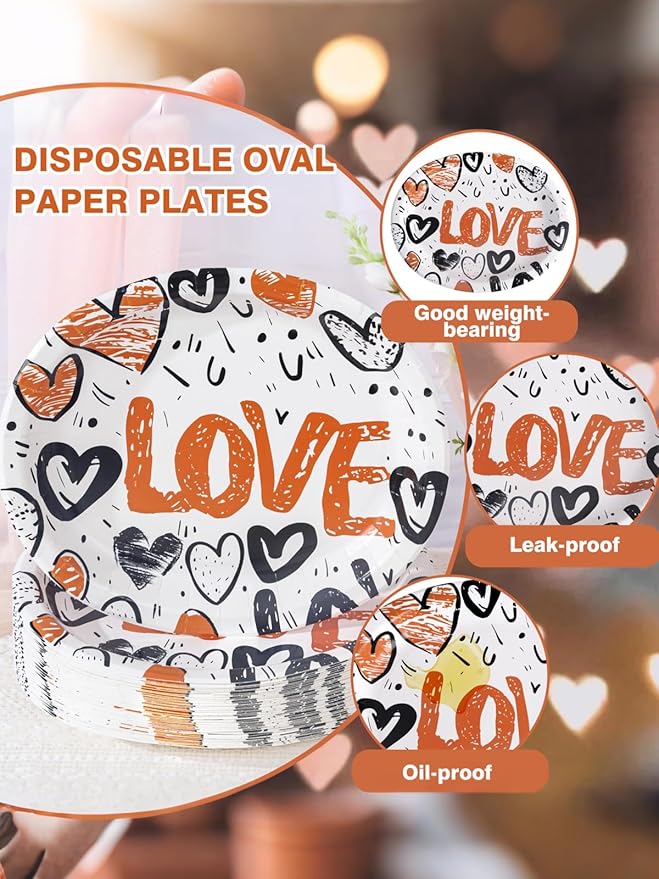 WDF 50PCS Heart Paper Plates -10"x12" Heart Plates Disposable -Love Design Valentines Plates for Weddings/Anniversary Birthday Party Thanksgiving