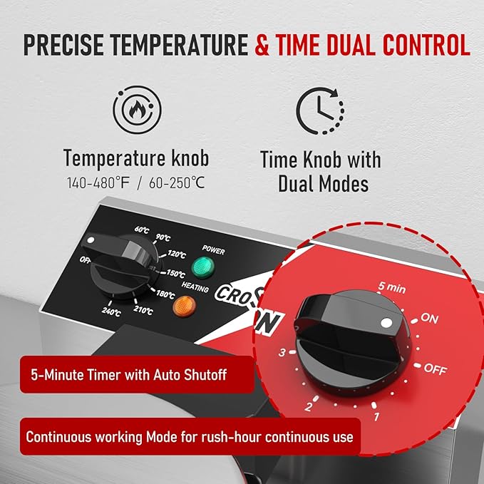 CROSSON Commercial Waffle Maker,Professional Round Belgian Waffle Maker Rotating 180° Non-Stick Plate Machine with Temp and Time Control for Restaurant Bakeries Kitchen 120V/1300W