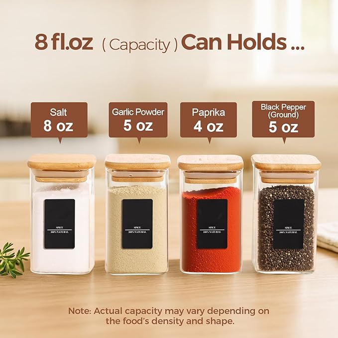 ComSaf 6Pcs 8oz Spice Jars with Label Trial Set, Glass Spice Jars with Bamboo Lids Supplementary Set, Seasoning Container Trial Pack, Perfect for Ktichen Starter