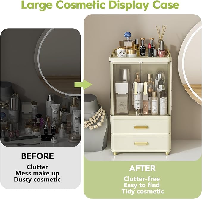Webetop Cosmetic Organizer Countertop, Makeup Storage Organizers with Drawers & Magnetic Doors, 15.3" Tall Skincare Organizer for Vanity, Bathroom Counter, Dresser, Dustproof Make up Organizer
