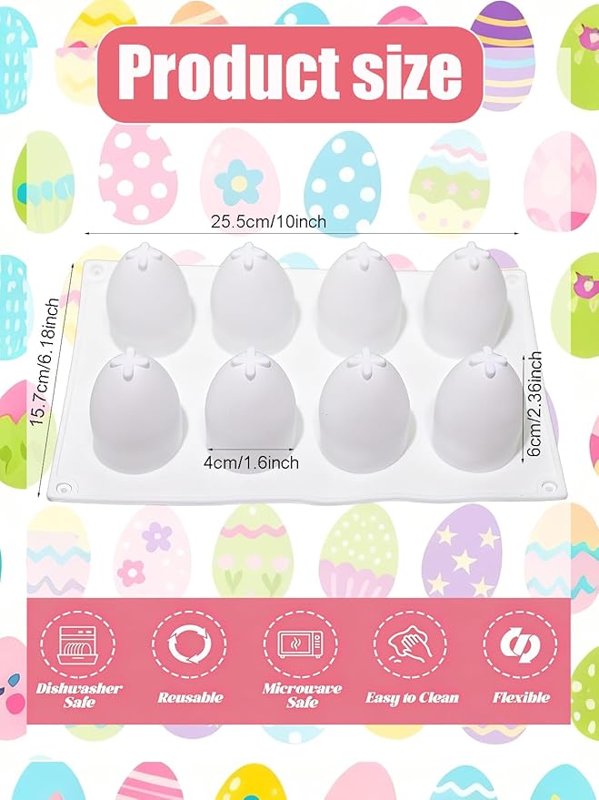 8 Cavity Silicone Egg Molds - Easter Egg Shaped Fondant Mold for Chocolate, Candy, Ice Cream, Mousse Cake, Soap, Resin, Lotion Bar, Ice Cube (Egg-8 Cavity)