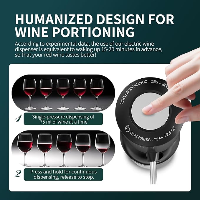 Upgraded Wine aerator Electric Wine Decanter, Rechargeable Automatic Wine Dispenser withStorage Base,Two Modes:long press to continuously Dispense wine/single press to Dispense75ml of Wine(Silver-set)