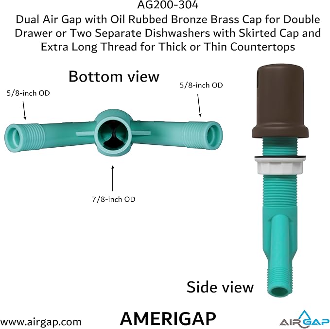 Dual Air Gap with Oil Rubbed Bronze Brass Cap for Double Drawer or Two Separate Dishwashers with Skirted Cap and Extra Long Thread for Thick or Thin Countertops (AG200-304, AG200-X04, AMERIGAP)