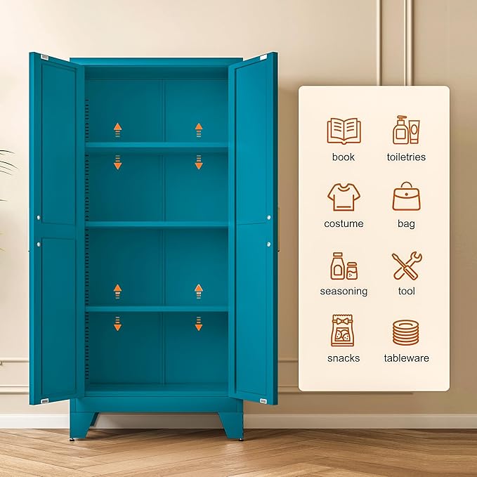 61" Tall Metal Storage Cabinet with 2 Doors and 3 Adjustable Shelves, 4-Tier Kitchen Pantry Storage Cabinet for Kitchen, Living Room, Dining Room and Office, Blue