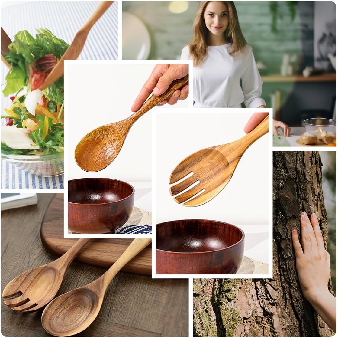 Teak Wooden Salad Spoon and Fork10.2-Inch, Wooden Salad Spoons and Sporks Set with Ergonomic Handle, Teak Wood Serving Spoons for Cooking (1 Spoon + 1 Fork)