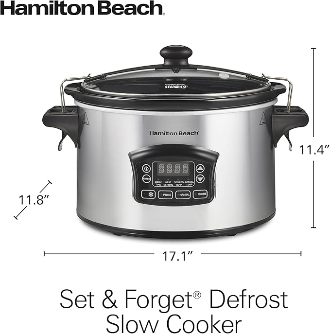 Hamilton Beach Portable 6 Quart Set & Forget Digital Programmable Slow Cooker with Lid Lock, Temperature Probe & Defrost Setting, Dishwasher Safe Crock & Lid, Silver (33869)