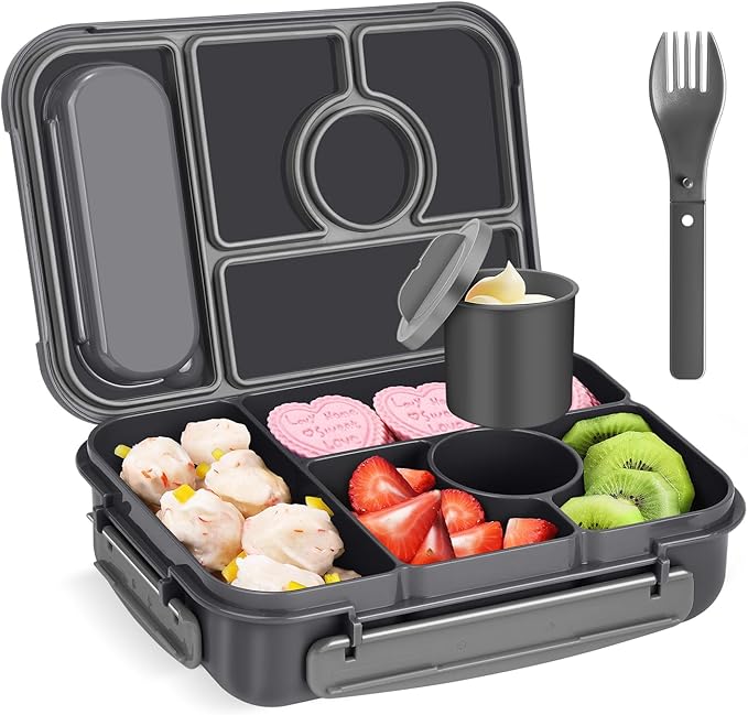 Amathley Bento Box Adult Lunch Box Kids,Lunch Containers for Adults/Kids/Toddler,5 Compartments Bento Lunch Box with Sauce Vontainers,Microwave & Dishwasher & Freezer Safe,BPA-Free (Dark Gray)
