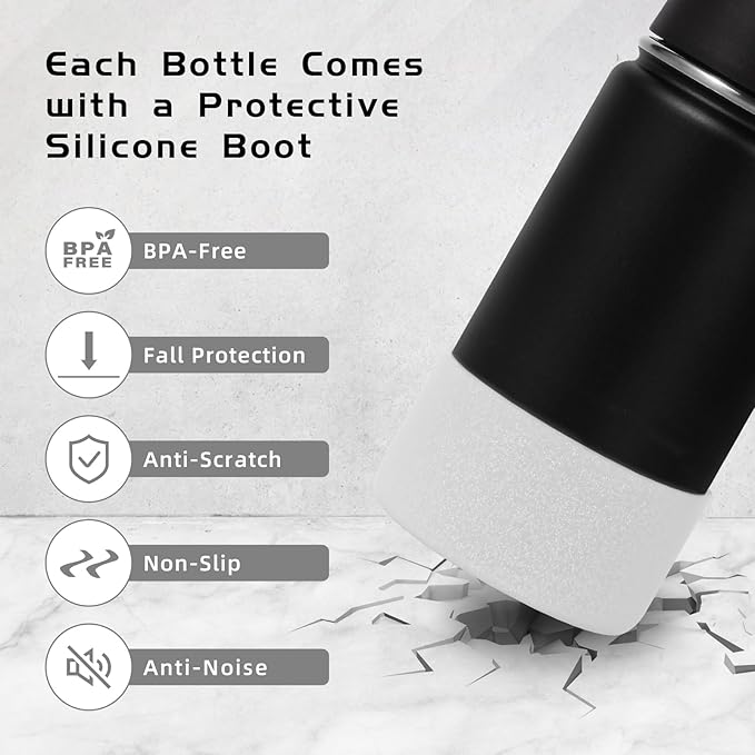 Volhoply 14oz KIds Water Bottle with Straw Lid and Silicone Boot Bulk 6 Pack,Stainless Steel Insulated Cups for Boys & Girls Multipack,Double Wall Vacuum Leakproof Bottles(Black,6)