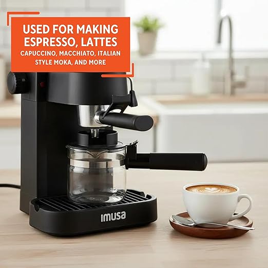 IMUSA Electric Espresso Cappuccino Maker 4 Cup Capacity with Milk Frother Black Coffee Machine for Home Barista Experience