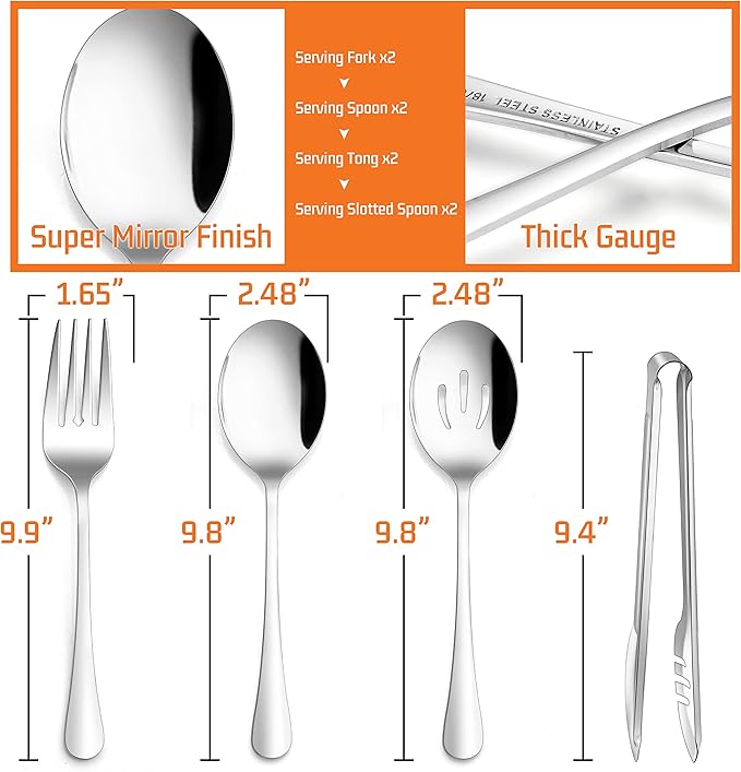 E-far Large Serving Utensils Set of 8, Stainless Steel 9.8 Inch Serving Spoons Slotted Spoon, 9.9 Inch Serving Fork, 9.4 Inch Serving Tong for Buffet Catering Banquet, Mirror Finish & Dishwasher Safe