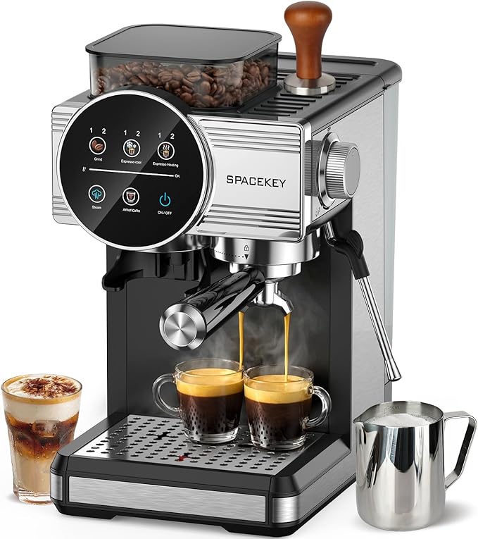 Spacekey Espresso Machine with Grinder - 20 Bar All-in-One Coffee Maker with Milk Steam Wand/Frother, Cold Brew, 30 Grind Settings, 60oz Removable Tank - Home Barista Kit for Lattes, Cappuccinos