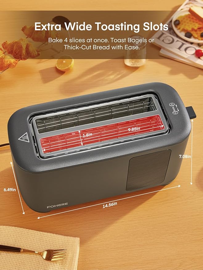 4 Slice Toaster Touch Screen Control, Long Extra Wide Slots Smart Bread Toaster, 6 Bread Types & 6 Shade Settings, Stainless Steel, with Removable Tray, Cancel/Defrost/Reheat Function, Grey
