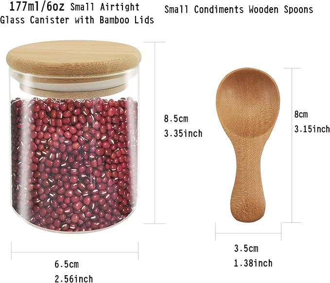 VIKEYHOME 18 pcs Glass jars Set, 12 set - 6oz Spice Jars Set with Bamboo Lids, 6 pcs Small Condiments Wooden Spoons, Airtight Glass Food Cereal Storage Containers for Kitchen (Set of 18, 6oz)