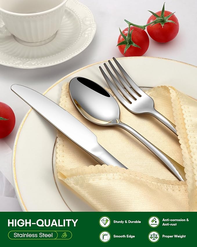 PHILIPALA 24 Pcs Silverware Set with Steak Knives Food-Grade Stainless Steel Flatware Set for 4 Mirror Cutlery Include Forks Spoons and Knives Set Dishwasher Safe Utensil Sets for Home Restaurant