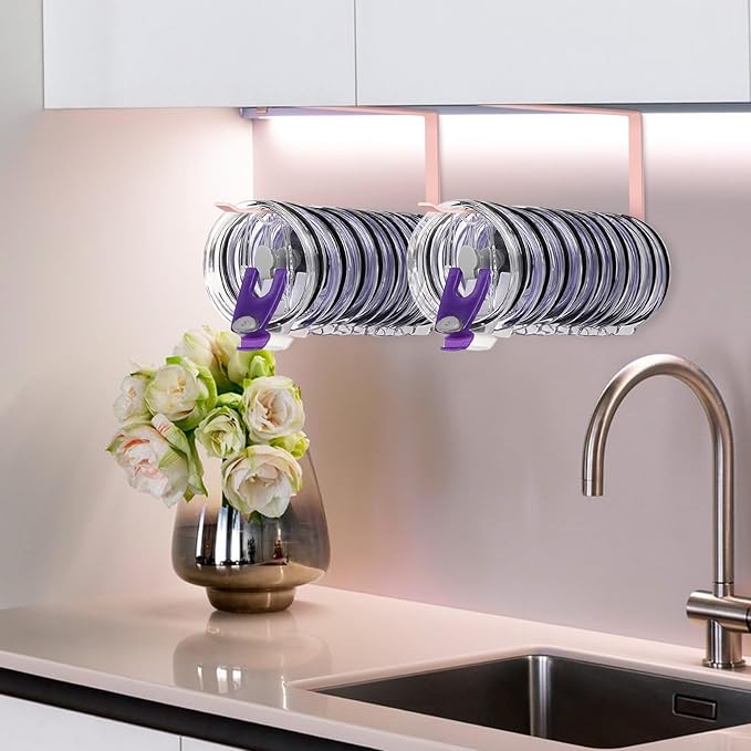 2 Pack Tumbler Lid Organizer, Horizontal Tumbler Lid Storage Hook to Hold Up 20 Lids, Space Saving Cup Lid Holders Under Cabinet Tumbler Lid Hook for Kitchen Organizer, Paper Towel Rack Hanger (Pink)
