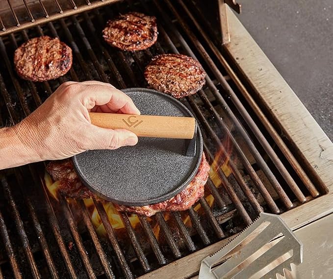Cast Iron Burger Press Kit, 2‑Piece Set, Wood Handle, Heavy-Duty Grill Tool for Smash Burgers and Griddle Cooking