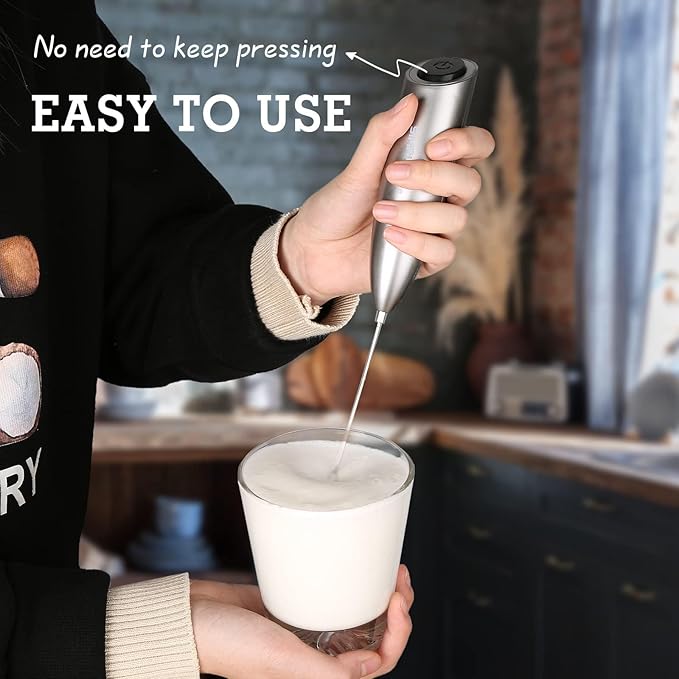 SIMPLETASTE Milk Frother Handheld Electric Foam Maker, Drink Mixer with Stainless Steel Whisk for Cappuccino, Bulletproof Coffee, Latte, Gray, with Stand, Battery Operated