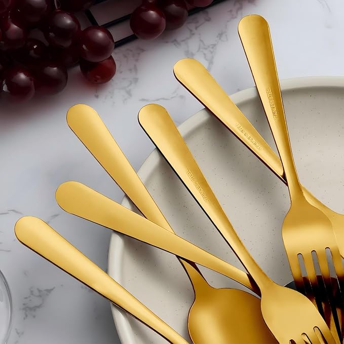 Unokit 24-Piece Spoons and Forks Set Silverware Set - Forks and Spoons Stainless Steel Silverware for Home, Kitchen and Restaurant, 12-Fork and 12-Spoon, Mirror Polished & Dishwasher Safe, Gold