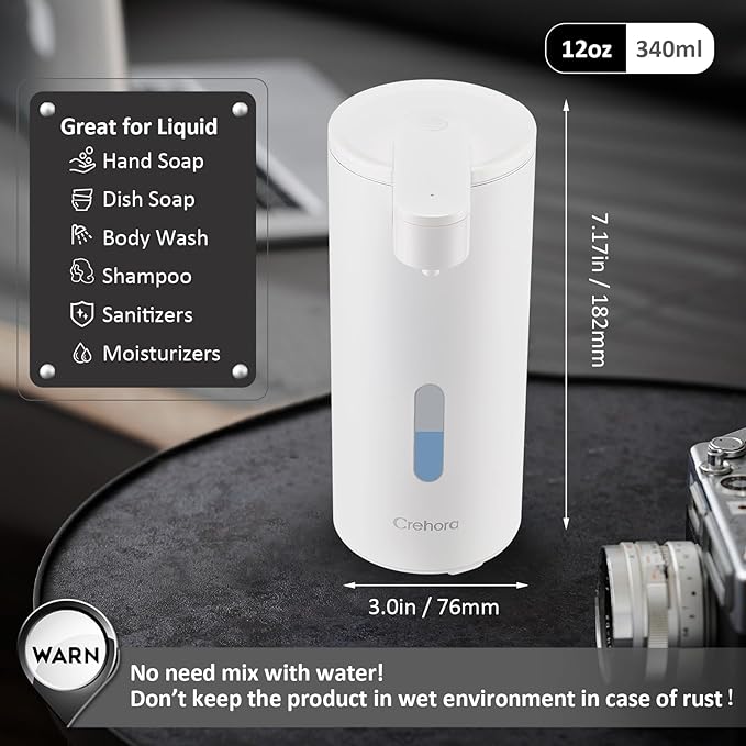 Automatic Soap Dispenser, Automatic Liquid Soap Dispenser Touchless, 12oz/340ml, 3-Level Adjustable, Battery Operated, Water-Resistant for Bathroom, Kitchen, and School, Clog-Free, White