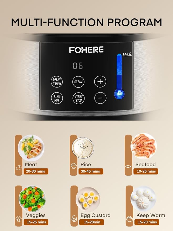 FOHERE Food Steamer for Cooking,13.7QT Vegetable Steamer with Stackable 3 Tiers BPA-Free Baskets,800W Electric Steamer Pot 60-Minute Timer, 24H Delay Start Timer for Veggies Seafood Rice