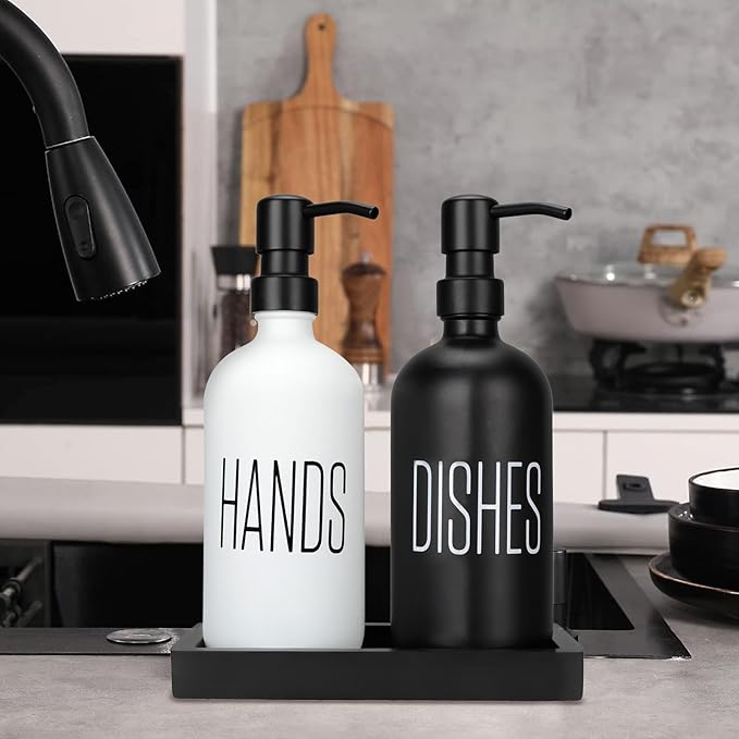 Kitchen Soap Dispenser Set with Silicone Tray, Premium Glass Hand and Dish Soap Dispenser Set for Kitchen Sink, Rustproof Stainless Steel Pump, Modern Kitchen Décor & Versatile Gift for Any Occasion