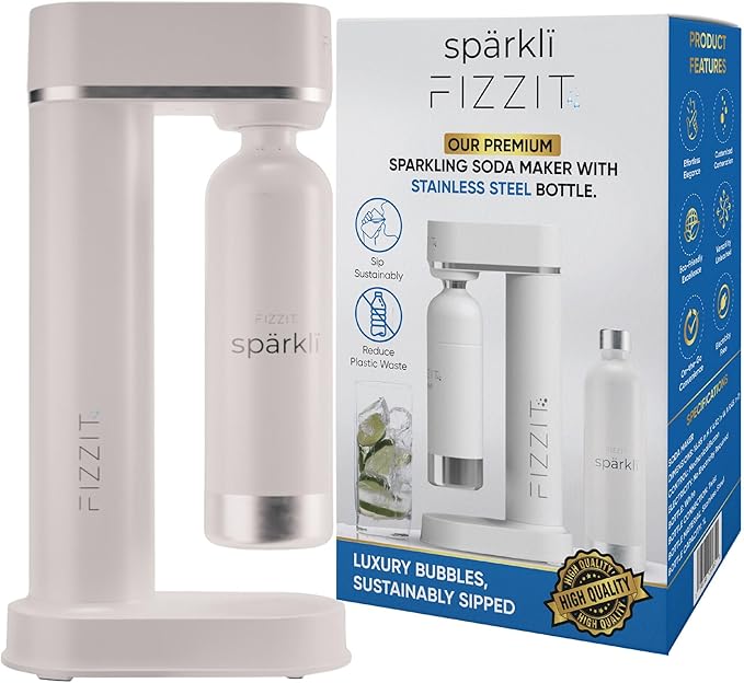 White Stainless Steel Sparkling Water Maker with 2 CO2 Cylinders & 2 Reusable Bottles