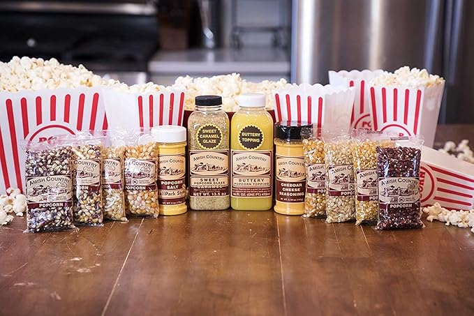 Amish Country Popcorn | 8-4 Ounce Variety Gift Set with Buttery Topping, Sweet Caramel Glaze, Ballpark Salt & Cheddar Cheese Seasoning | Old Fashioned, GMO Free and Gluten Free