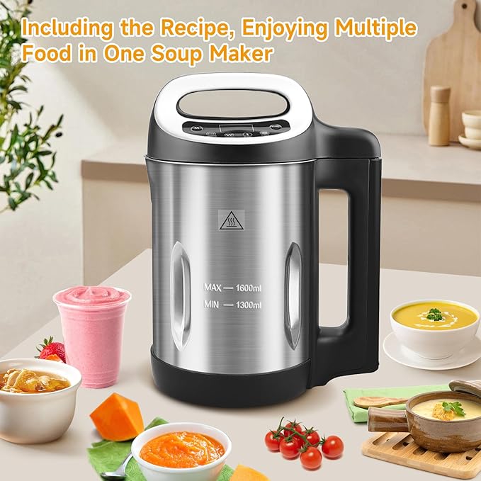 Homtone 1.6L Soup Maker, Stainless Steel Soup Making Machine with Smooth & Chunky Settings, Anti-Dry Burn, Overfill Sensors, Self-Cleaning Mode for Quick Soups, Baby Food