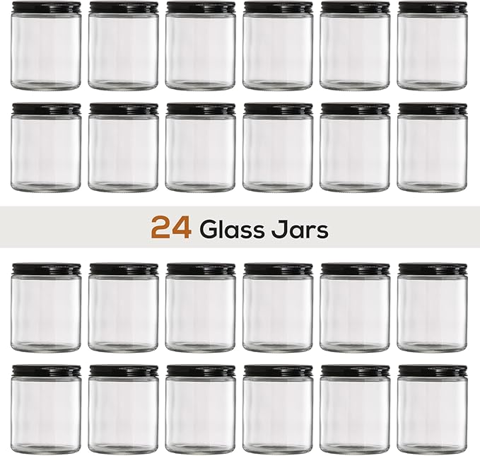 24 Pack, 8 OZ Thick Glass Jars with Metal Lids, Clear Round Candle Making Jars,Empty Food Storage Containers, Mason Canning Jar For Spice, Powder, Liquid, Sample, Lotion, Cosmetic,Dishwasher Safe