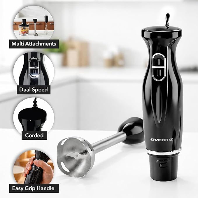 OVENTE Immersion Hand Blender Set, 300W Electric Handheld Stick Mixer, 2 Mixing Speeds with Stainless Steel Blades, Egg Whisk, Beaker & BPA-Free Food Chopper, Black HS565B