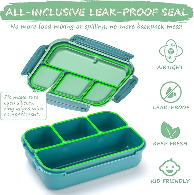 QQKO Bento Box for Kids Adults, School Toddler Lunch Box for Boys Girls, Lunch Box Containers with 4 Compartments, Sauce Container, Utensils, Food Picks and Muffin Cups for School, Green