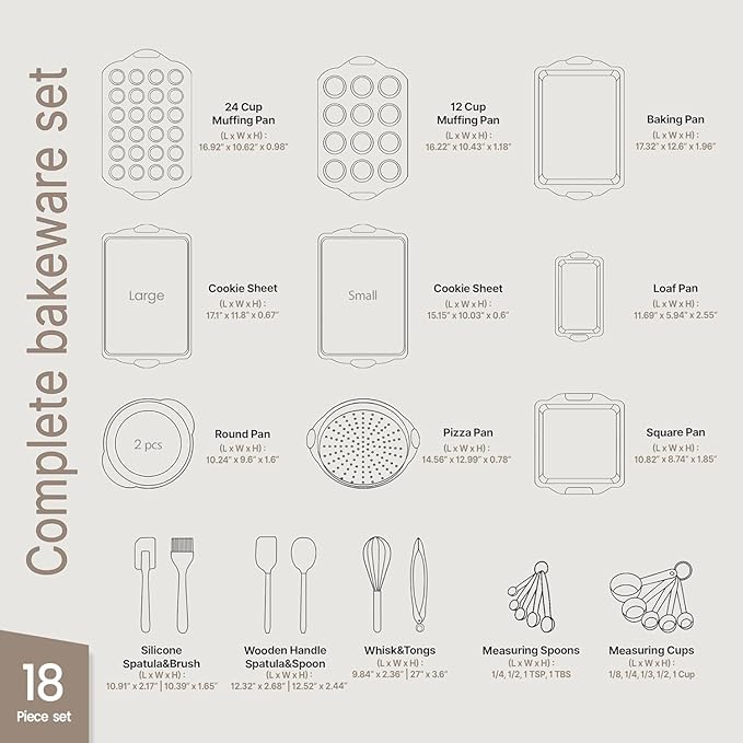BAKKEN Kitchen Baking Pan Set - Nonstick Coating, Carbon Steel Bakeware Sets with Blue Silicone Handles, Baking Kitchen Essentials, PFOA, PFOS, PTFE Free, Oven Safe Tray (Up To 450° F), Set of 18