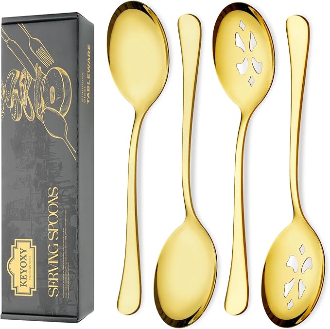 4 Piece Stainless Steel Serving Spoon Set - 2 Large, 2 Slotted,Dishwasher Safe,10-Inch,Gold, for Parties/Kitchen/Buffet/Catering