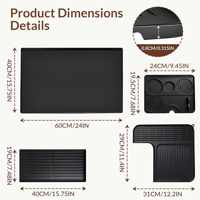 4-in-1 Silicone Coffee Mat Set for Ninja Luxe Cafe Espresso Machine ES601/ ES701,24×16"Coffee Bar Mat with Raised Edge+Top Mat+Espresso Tamper Mat,Anti-Slip Heat-Resistant Waterproof Coffee Accessorie