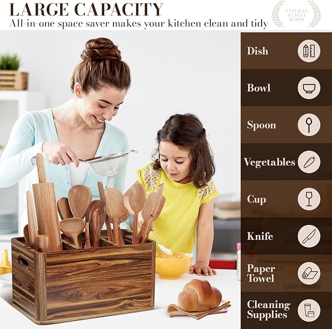Yirilan Wooden Kitchen Utensil Holder for Counter, Acacia Wood Utensil Holder for Storage Cooking and Silverware with 3 Compartment, Rustic Wooden Organizer Container