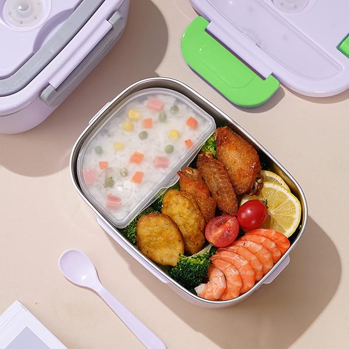 Electric Lunch Box 2 In 1 Food Heater 12V 24V 110V Portable Food Warmer for Car and Home Removable Stainless Steel Heated Bento Box (Green)