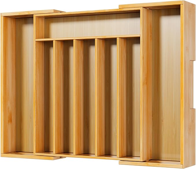 Kitsure Large Bamboo Silverware Organizer - Expandable Drawer Organizer for Utensil, Cutlery and Flatware, Kitchen Storage Solution with 6 to 8 Slots, Natural, 19.4" × 13.1" × 1.8"