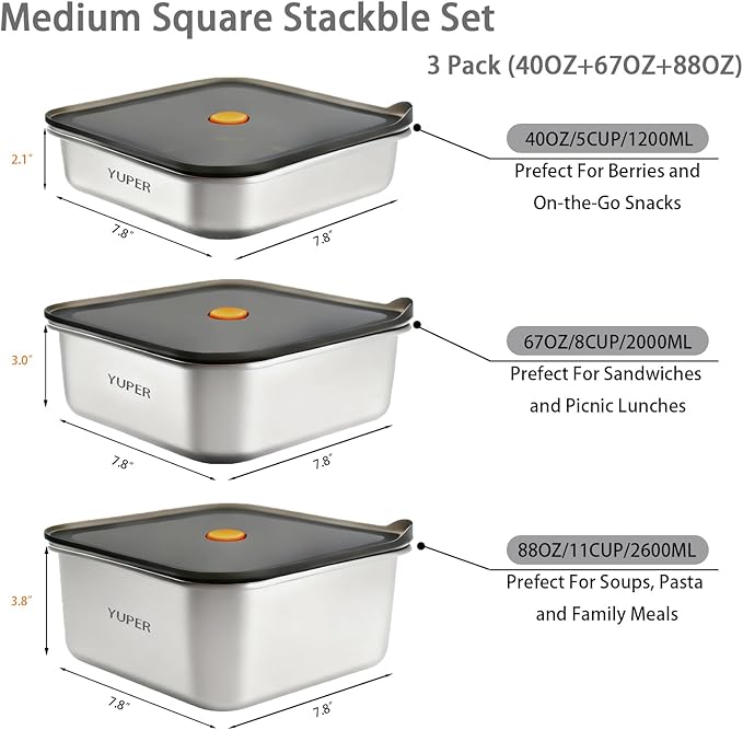 YUPER Stainless Steel Food Storage Containers, Meal Prep Container Sets with Lids, BPA Free, Leak Proof & Airtight, Microwave, Dishwasher, Fridge, Freezer & Oven Safe, 3 Pack (40+67+88OZ)