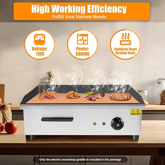 Commercial Electric Countertop Griddle 110v 22" 3000W, Flat Top Grill Hot Plate BBQ, Non-Stick Countertop Teppanyaki Grill for Restaurant Kitchen BBQ Party, 122~572℉Adjustable Temperature Control