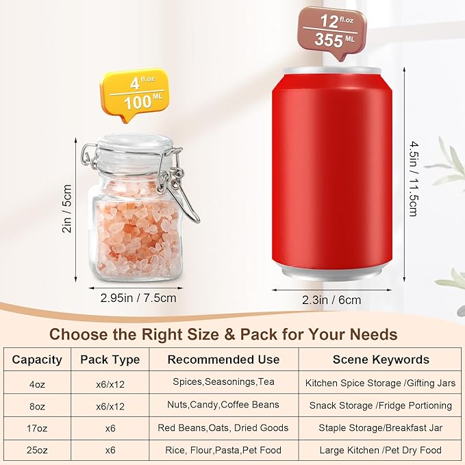 Spice Jars Set of 6, 4 oz Glass Spice Jars with Airtight Lids and Labels, Small Seasoning Jars for Spices, Herbs, Kitchen Spice Organizer